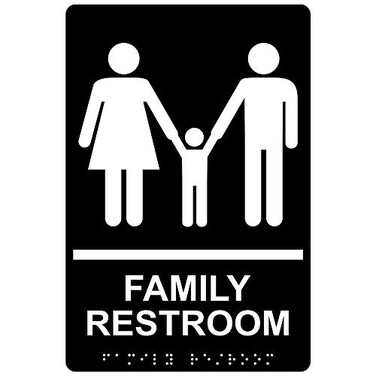 ComplianceSigns com Family Restroom Sign ADACompliant Braille and Raised Letters 9x6 inch White on Black Acrylic with Adhesive Mounting Strips