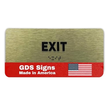 GDS Architectural Exit Identification Sign ADA Compliant Sign Raised Icons Raised Braille Brushed Gold TCO Inspection Certified 7W x 3H by GDS Made in USA