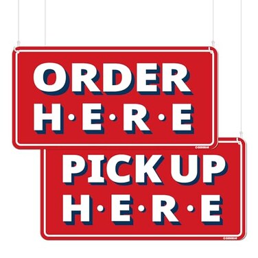 GEEKBEAR Order Here and Pick Up Here Signs Red 2 Pack 12 x 6 Premium NonFading Design with Special Hanging Hooks Perfect for Restaurants Cafes and Bars Made of Durable Acrylic