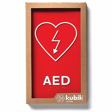 Kubik Letters Premium AED Sign ADA Compliant Modern Design Sign with Grade 2 Braille for AED Location with Double Sided Tape