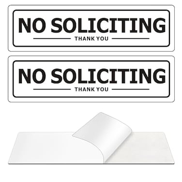 MongFun No Soliciting Sign Self Adhesive IndoorOutdoor Aluminum Sign Medium Size 2 x 7 White with Black Letters for House Business Easy Installation 2 Pack