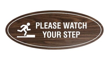 Signs ByLITA Oval Please Watch Your Step Sign Walnut Small