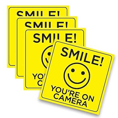 Safety Supply Smile Youre on Camera Sticker 6x 6 Inch 4 Pack Durable Black and Yellow SelfAdhesive