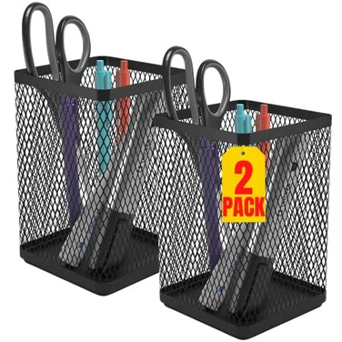1InTheOffice Pencil Cups for Desk Jumbo Pencil Holder Stackable Wire Mesh Jumbo Pencil Holder Matte Black 2 pack