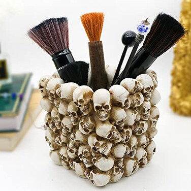 BowBei Halloween Decor Skull Pen Holder Goth Human Skull Makeup Accessory Brush Holder for Desk Gothic Spooky Pencil Cup Desktop Storage box Organizer for Home Office Women Man Birthday Gift