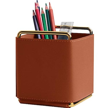 Kelendle Leather Pencil Holder Desktop Organizer Iron Art Desktop Makeup Brush Remote Control Storage Box Office Pen Holder for Desk Brown