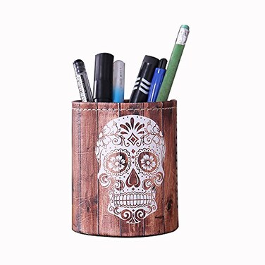 LINKWELL Antique Halloween Wood Slat Sugar Skull PU leather Pencil Pen Holder Desk Organizer PH03