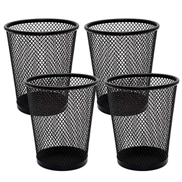 SLSON 4 Pack Pen Holder Metal Mesh Pencil Holders Round Shaped Pen Holders for Desk Office Wire Mesh Container Pen OrganizerBlack