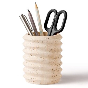 WORHE Pen Holder Stand for Desk Natural Travertine Stone Makeup Brush Holders Modern and Functional Pencil Cup for Office Supplies Tableware Organizer for Home Decor School Beige PH90110