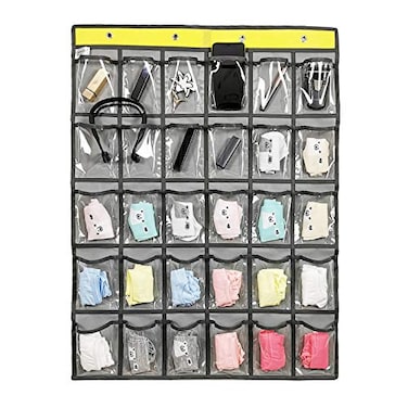 ANIZER Classroom Pocket Chart for Phone Calculator Holder Over The Door Hanging Closet Jewelry Organizer with 30 Clear Pockets GREY