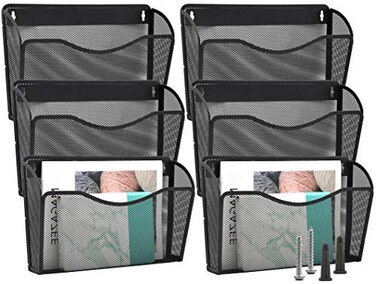 EASEPRES 6 Single Pocket Mesh Hanging File Organizer Vertical Wall Mounted Magazine File Holder Mount Basket Mail Paper Document Folder Organizing for Office Home and School Black