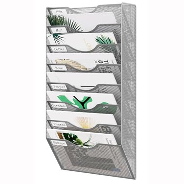 EasyPAG 8 Pocket Mesh Wall File Organizer Hanging Paper Folder Holder with Classify Label Vertical Wall Mount Mail Organizer for Office Home Classroom Silver
