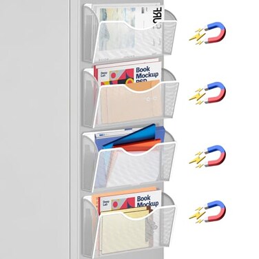 LQPAFZ 4PCS Magnetic File Holder No Drilling Magazine Paper Document Holder Hanging File Organizer for Refrigerators Whiteboards File Cabinets