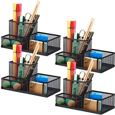 Ferraycle 4 Pcs Mesh Desk Organizer 3 Compartments Mesh Pen Holder Sticky Notes Pencil Holder Metal Caddy Desk Pen Organizer for Desktop Accessories Storage Baskets Home Office SchoolBlack