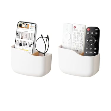 SUNFICON Wall Mount Remote Holder TV FAN Remote Control Holder Bedside Caddy Wall Organizer Phone Holder for Office Adhesive Media Player Controller Holder Box Tray Home Desk Nightstand 2 PACK WHITE
