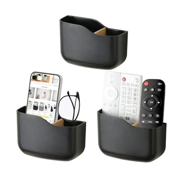 SUNFICON Wall Mount Remote Holder TV FAN Remote Control Holder Bedside Caddy Wall Organizer Phone Holder for Office Adhesive Media Player Controller Holder Box Tray Home Desk Nightstand 3 PACK BLACK