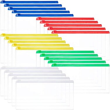 Leinuosen 50 Pcs Clear Zip Envelope Pencil Case Bulk Small Plastic Envelopes Reusable File Bill Document Bag 5 Colors A6 Pencil Bags for Cash Office School Supplies