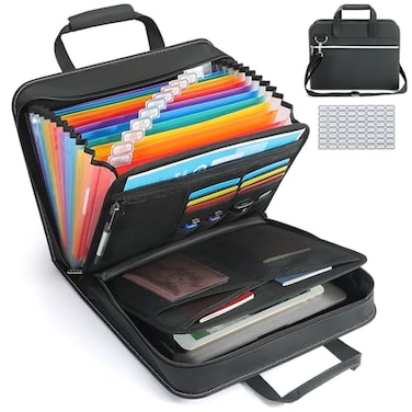 SEEKIND PU Leather Accordion File Organizer with Handle Strap12 Pockets Expanding File Folder with Zipper LabelsPortable Document Organizer File for Letter A4 Files