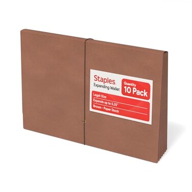 STAPLES Staples Expanding Wallet Legal Size Brown Redrope Accordion File with Elastic Closure Holds Oversized Documents 10Pack