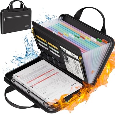 Tamfile Fireproof Accordion File Organizer with Handle 13 Pocket Expanding File Folder with Zipper Labels File Folder with 3 Ring Binder Multi Pockets Paper Organizer Folder for Letter A4 Files