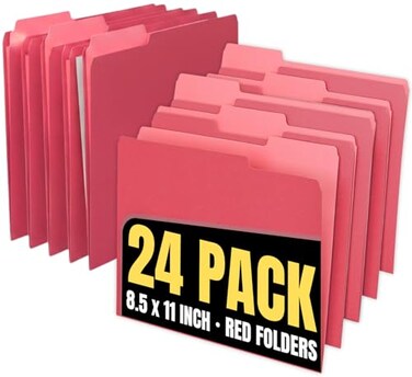1InTheOffice Red File Folders Letter Size File Folders with Tabs Filling Folders 13 Cut Tab 24Pack