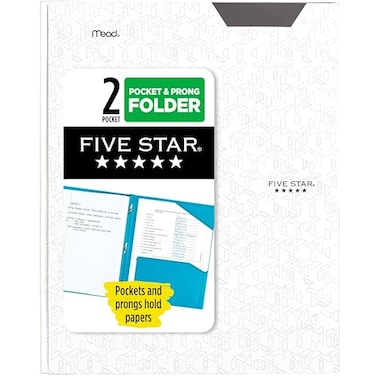 Five Star 2Pocket Folder Plastic Folder with StayPut Tabs and Prong Fasteners Holds 812 x 11 Paper White 72494