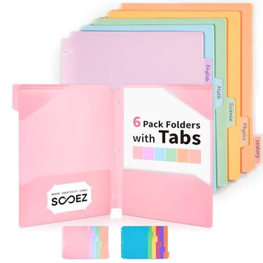 Sooez Plastic Folders with Pockets and Tabs 6 Pack Pocket Folders with Writable Label Stickers Fits 3Ring Binder Holds LetterA4 Size Paper Back to School Office Filing Supplies Pastel Colors