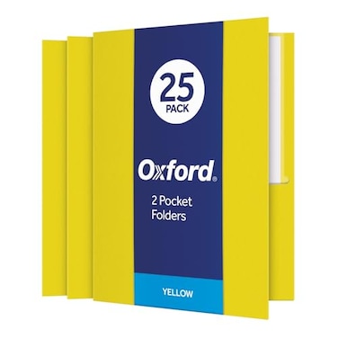 Oxford TwinPocket Folders Textured Paper Letter Size Yellow Holds 100 Sheets Box of 25 57509EE