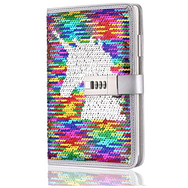 VIPbuy A5 Refillable Diary with Combination LockReversible Sequin Personal Locking Journal Writing Notebook with Card Slots unicorn