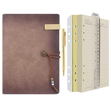 WONDERPOOL Leather Journal A5 Refillable 6 Ring Binder Notebook with Lined Paper and PenWriting Diary for Work Travel and Agenda Plan A5 aMaroonpink