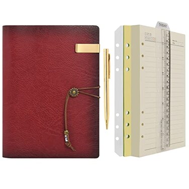 WONDERPOOL Leather Journal A5 Refillable 6 Ring Binder Notebook with Lined Paper and PenWriting Diary for Work Travel and Agenda Plan A5 Wine red