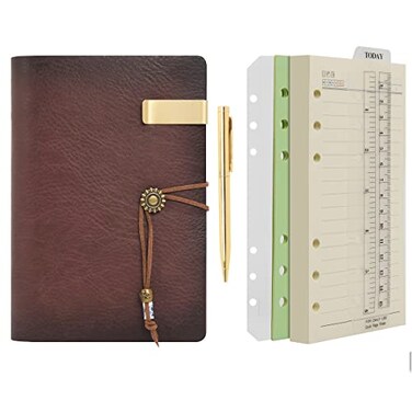 WONDERPOOL Leather Journal A6 Refillable 6 Ring Binder Notebook with Lined Paper and PenWriting Diary for Work Travel and Agenda Plan A6 Brown
