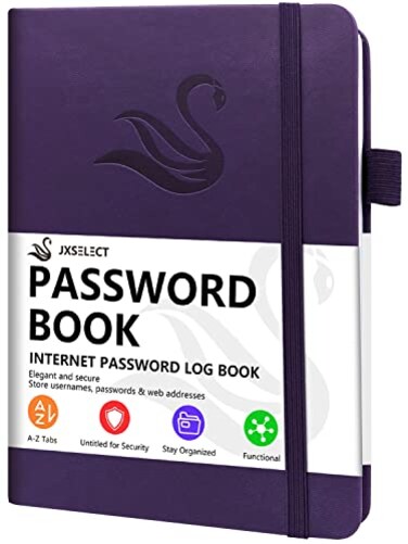 JXSELECT Elegant Password Book with Alphabetical Tabs Hardcover Password Book for Internet Website Address Login 52 x 76 Password Keeper and Organizer wNotes Section Back Pocket Purple