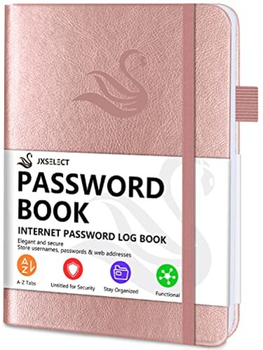 JXSELECT Elegant Password Book with Alphabetical Tabs Hardcover Password Book for Internet Website Address Login 52 x 76 Password Keeper and Organizer wNotes Section Back Pocket Rose Gold