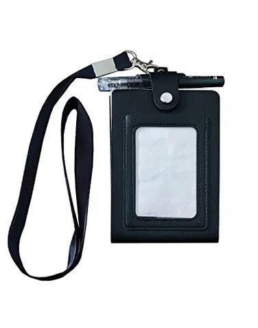 Teanea PU Leather Lanyard Meeting Notebook Neck Hanging Notepad with ID Slot and Pen 35X51inch Black