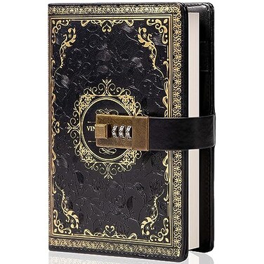 TIEFOSSI Vintage Leather Journal Notebook with Combination Lock A5 Embossed Flower Secret Diary Ruled Lined Paper for Writing Gift for Women Girls Children Black