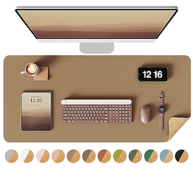 YSAGi DoubleSided Desk Pad 315x157Leather Desk Mat Eco Cork Desk Pad ProtectorLarge Mouse PadWaterproof Desk Blotter for OfficeHomeKhaki