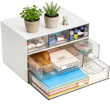 Lyellfe 3 Tier Small Desk Organizer with 6 Drawer Stackable Desktop Storage Box Portable Size Office Supplies Jewelry Storage Case Makeup and Stationary Organizer for Cosmetic School Supply
