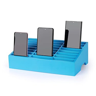 Ozzptuu 24Grid Wooden Cell Phone Holder Desktop Organizer Storage Box for Classroom Office Blue 24Grid