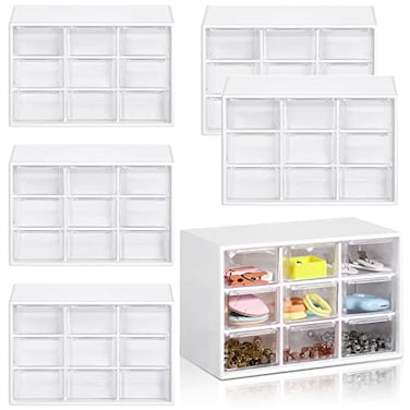 Amyhill 6 Pcs Mini Drawer Organizer Small Organizer with 9 Drawers Plastic Desktop Craft Storage Box for Office Home Room Jewelry Cosmetics CollectionWhite