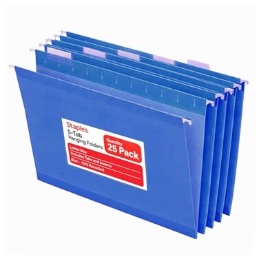 STAPLES Staples Hanging File Folders Letter Size Blue 5Tab 15Cut Tabs Includes Tabs Inserts 25Pack