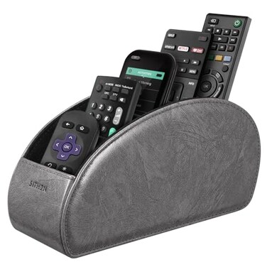 SITHON Remote Control Holder with 5 Compartments PU Leather Remote Caddy Desktop Organizer Store TV DVD BluRay Media Player Heater Controllers Dark Gray