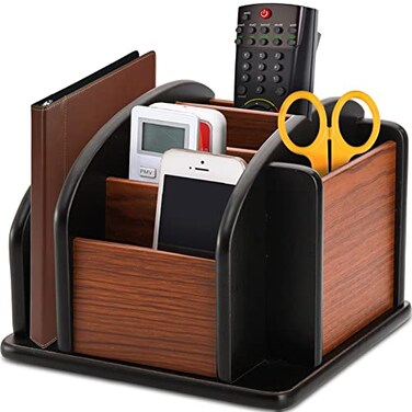 DEAYOU Wood Rotating Remote Caddy Spinning Remote Control Holder for Table 6Compartment Wooden Revolving Office Supplies Desktop Storage Organizer for Pen Pencil Mail Desk Home Living Room