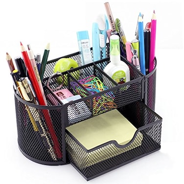 MONBLA Desk Supplies Organizer Multifunctional Stationery Caddy Mesh Oval Pencil Holder Desk Office Supplies Organizer 9 Compartments with Drawer for Note Pads Black
