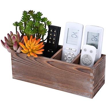 WuGeShop Wood Remote Control Holder 4 Compartments Rustic Wooden Table Remote Caddy Multiuse Desktop TV Remote Storage Organizers for Controller Phones Stationery Office Supplies