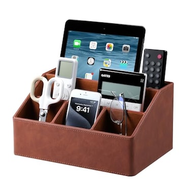 Cretkhp Desk Organizer Caddy with 5 Compartments for Office Art Supplies PU Leather Nightstand Organizer Pencil Pen Desk Caddy for Home Desktop TV Remote Control Holder Storage Brown