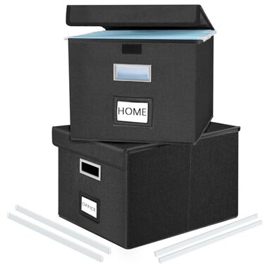 Huolewa File Organizer Boxes with Lids Collapsible Linen Hanging Filing Storage Boxes with Plastic Slide for OfficeDecorHome Filling System for FileFoldersDocument Storage 2 Pack