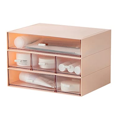 MILULUGO Desk Organizer with 6 Drawers Makeup Organizer Plastic Makeup Storage Cosmetic Storage Organizer Desk Storage Box Bathroom Organization Boxes Desktop Storage BoxPink
