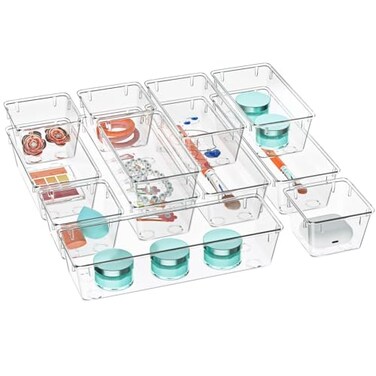 WOWBOX 12 Pack Clear Drawer Organizer Set Acrylic Drawer Storage Trays Storage Bins for Makeup Cosmetics Jewelries Utensils Gadgets Office