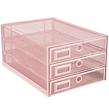 Annova Desk Organizer Wire Mesh 3 Tier Sliding Drawers Paper SorterMultifunctionalPremium Solid Construction for Letters Documents Mail Files Paper Kids Art Supplies Light Pink